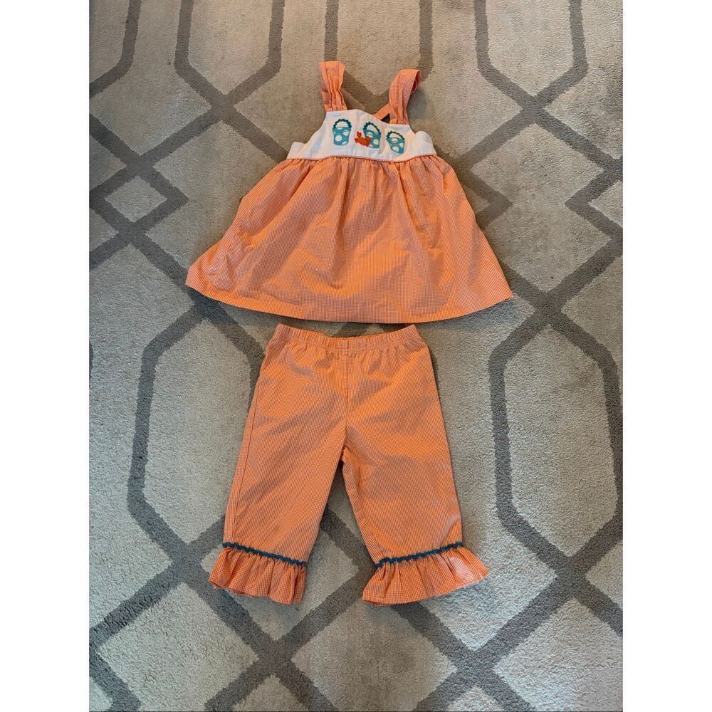 Kelly’s Kids Beach Set Crab Sand Bucket Orange Gingham Ruffle Pants Size 3/4